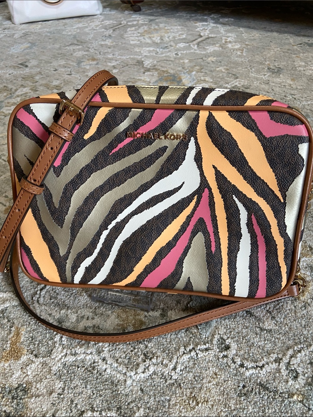 Michael Kors Metallic Zebra-Print Crossbody in Pink, Orange, White, Brown